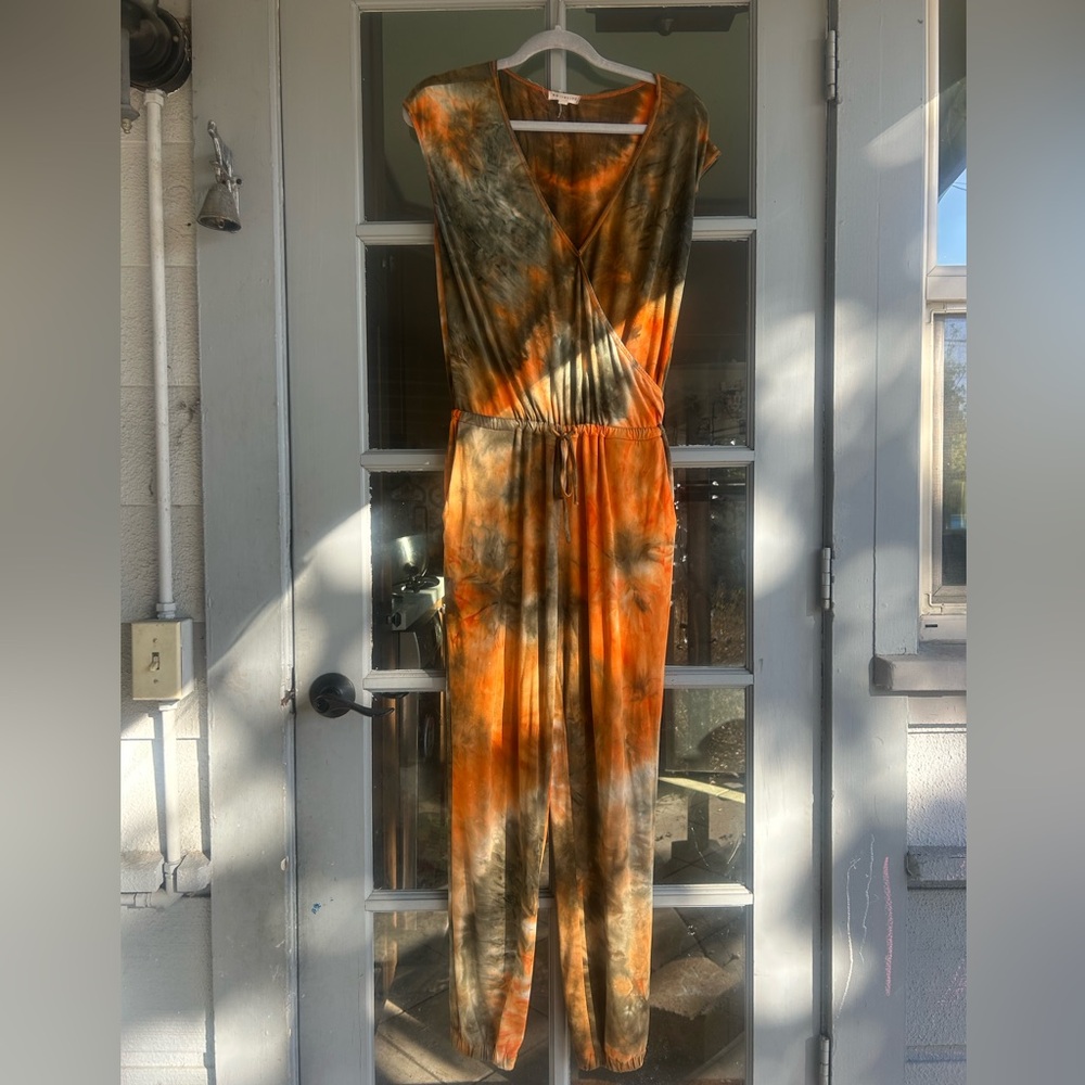 Socialite Orange and Olive Green Tie-Dye Surplice Lounge Jumpsuit